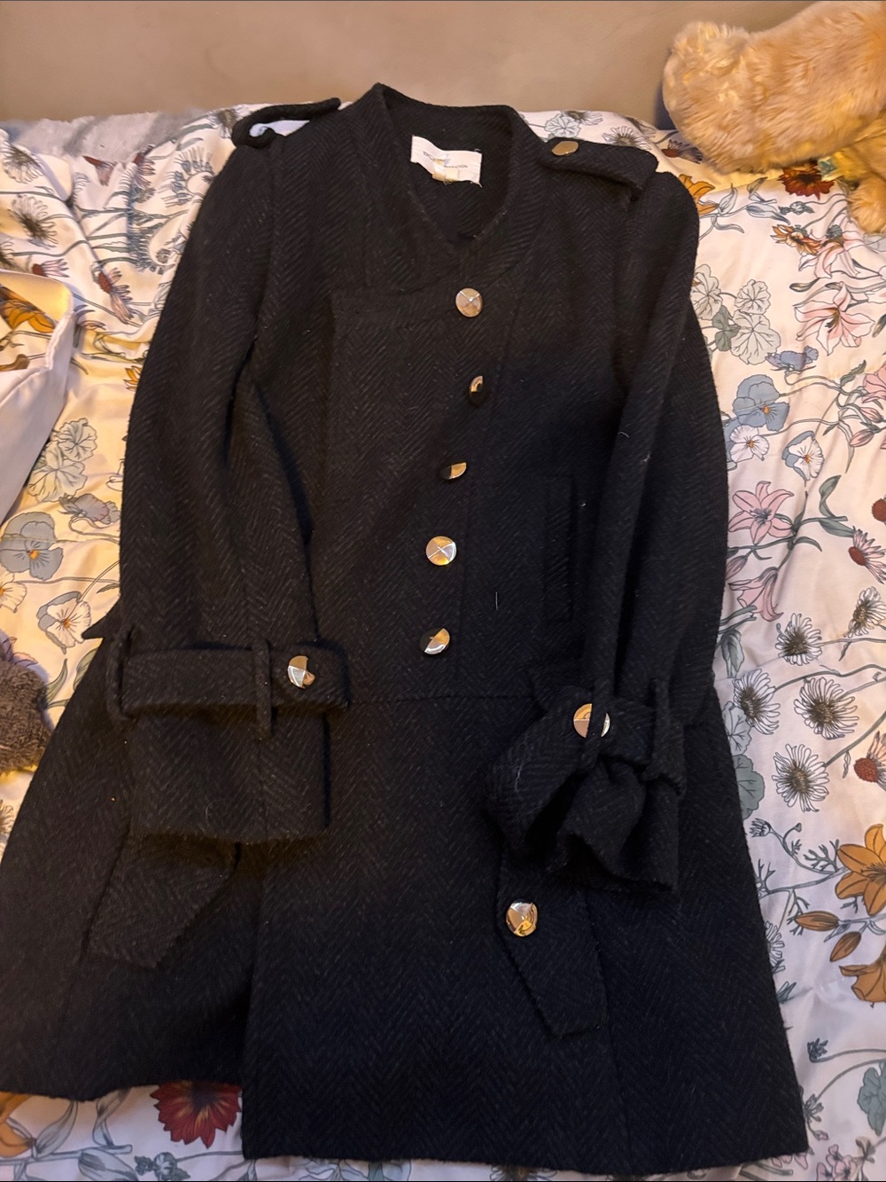 BCBGeneration Black Wool-Blend Pea Coat with Gold Buttons